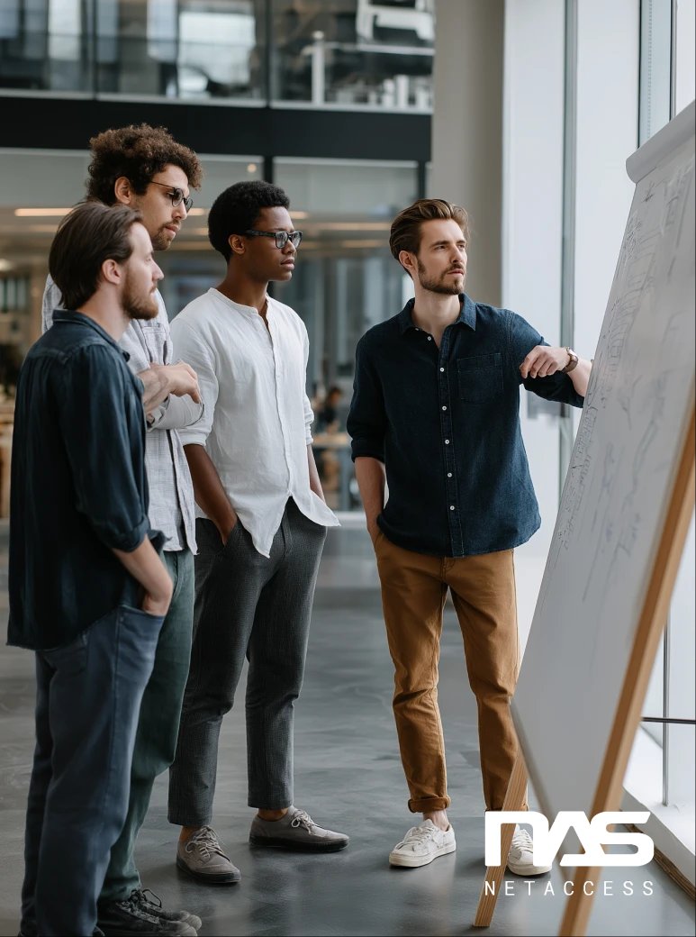 Team collaborating on IT strategies, showcasing how Large Business IT Services drive measurable results through proactive man